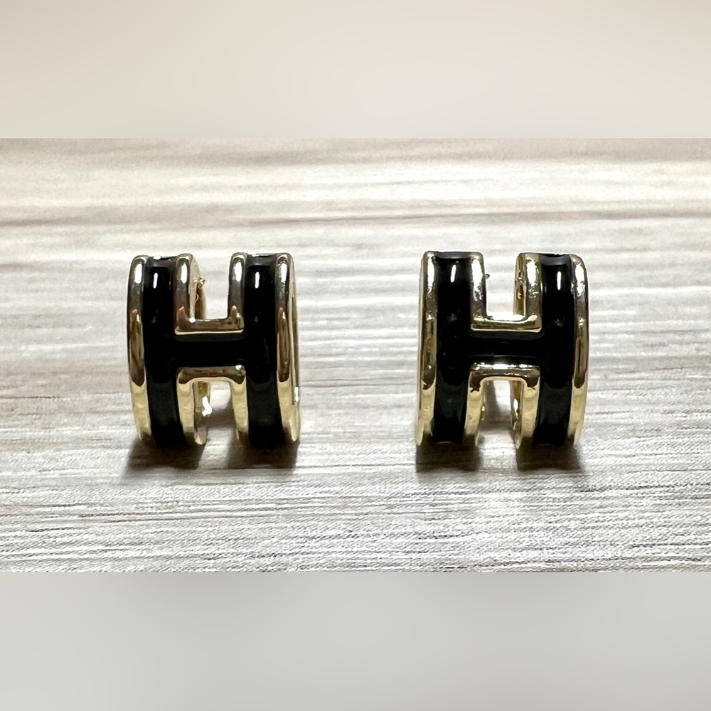18K Yellow Gold Plated Over Sterling Silver Black Enamel H Stud Earrings